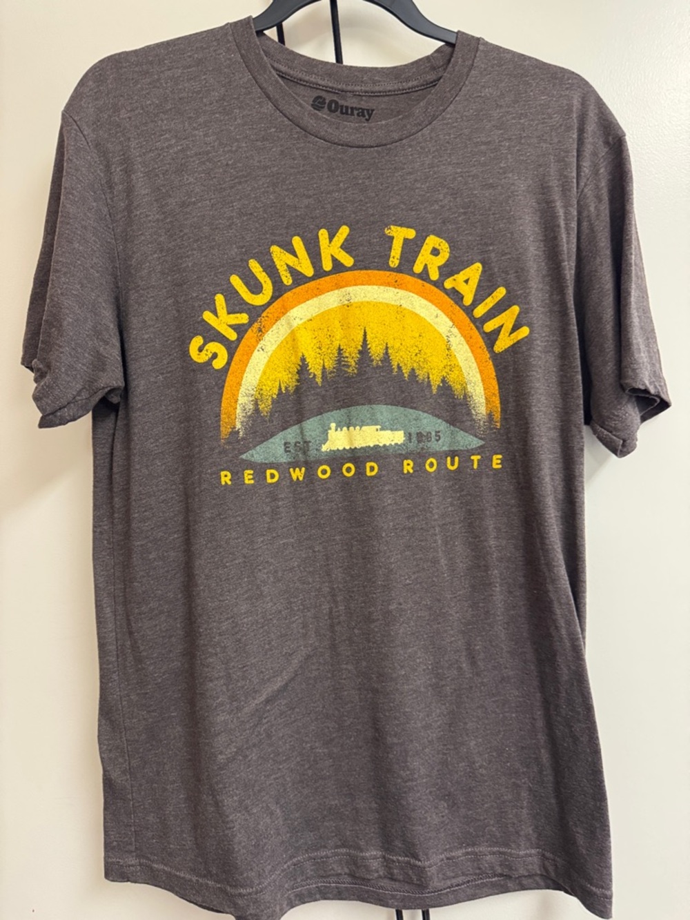 Oura Brown Short-Sleeve Skunk Train Graphic Tee with Yellow Print